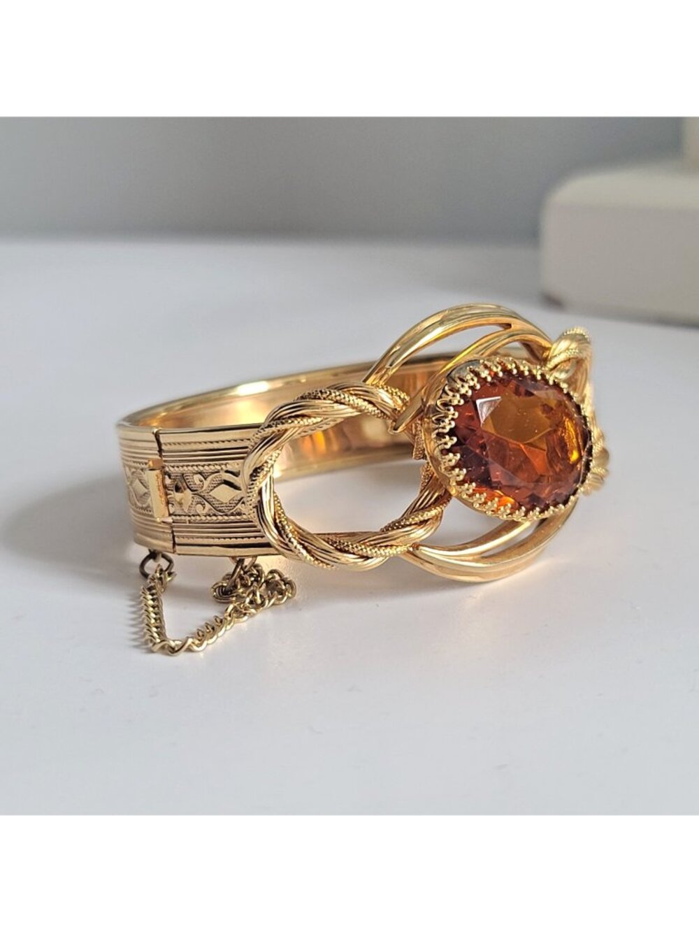 Vintage Estate Gold Filled Amber Glass Hinged Bangle Bracelet Victorian Revival